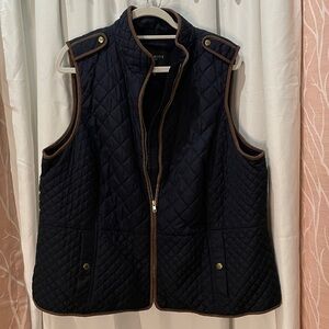 Talbots Navy Quilted Vest with Brown Trim
